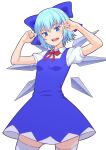  1girl blue_bow blue_dress blue_eyes bow breasts cirno collared_shirt commentary detached_wings dress hair_bow highres ice ice_wings kakone looking_at_viewer open_mouth shirt simple_background small_breasts solo teeth touhou upper_teeth_only white_background white_shirt wings 
