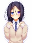  bespectacled black_hair blue_eyes blush breasts cardigan glasses heterochromia highres long_sleeves looking_at_viewer medium_breasts necktie nishi_minami original purple_eyes school_uniform short_hair solo suterii 