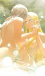  2girls blonde_hair breasts commentary_request completely_nude dungeon_meshi elf falin_thorden falin_thorden_(tallman) green_eyes grey_hair hair_over_breasts highres interlocked_fingers light_smile long_hair looking_at_another marcille_donato medium_breasts meinoss multiple_girls nude partially_submerged pointy_ears short_hair steam water yuri 