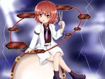  ankle_boots armband boots crossed_legs drum drum_set drumsticks gradient gradient_background highres horikawa_raiko instrument jacket kamesys looking_at_viewer necktie open_mouth red_eyes red_hair short_hair simple_background sitting skirt solo touhou 