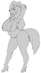 2018 anthro belly big_breasts bikini blush breasts canid canine canis clothing curvy_figure domestic_dog female fluffy fluffy_tail greyscale hair huge_breasts kemono long_hair mammal mature_anthro mature_female micro_bikini monochrome natural_breasts navel raised_arms shirokoma simple_background smile snout solo swimwear tail voluptuous white_background