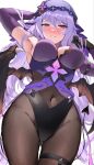  1girl armpits arms_up bare_shoulders black_gloves black_swan_(honkai:_star_rail) blush breasts cleavage covered_navel demon_wings dress elbow_gloves gloves highres honkai:_star_rail honkai_(series) large_breasts long_hair looking_at_viewer looking_down pantyhose parted_lips purple_dress purple_eyes purple_hair shiben_(ugvu5784) sleeveless sleeveless_dress smile solo veil very_long_hair wings 