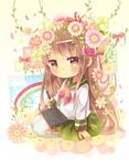  absurdres bad_id bad_pixiv_id brown_eyes brown_hair chibi flower hair_flower hair_ornament hair_ribbon highres long_hair original rainbow ribbon sakura_oriko school_uniform serafuku skirt solo stylus tablet_pc thighhighs 