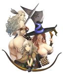  amazon_(dragon's_crown) armlet armor arrow ass back bare_shoulders belt bikini_armor black_gloves blonde_hair blue_eyes bow_(weapon) braid breasts brown_eyes brown_hair circlet cleavage cloak collarbone curly_hair detached_sleeves dragon's_crown dress elf elf_(dragon's_crown) feathers gloves grey_hair halberd hat huge_breasts large_breasts lips long_hair looking_at_viewer looking_back multiple_girls muscle muscular_female pointy_ears polearm quiver signature simple_background sorceress_(dragon's_crown) staff stealthmaria strap_gap strapless strapless_dress tattoo twin_braids v_arms weapon white_background witch_hat 