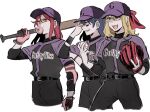  3girls baseball_bat baseball_cap baseball_mitt baseball_uniform black_pants black_shirt blonde_hair blowing_bubbles blue_hair chewing_gum commentary_request cowboy_shot cropped_legs green_eyes guilty_kiss_(love_live!) hat korean_commentary long_hair love_live! love_live!_sunshine!! multiple_girls ohara_mari orange_hair pants pito_(sh02327) purple_hat purple_shirt red_hair sakurauchi_riko shirt simple_background sportswear tsushima_yoshiko white_background 