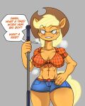 4:5 5tflldartist5 abs anthro applejack_(mlp) big_breasts blonde_hair blue_bottomwear blue_clothing blue_shorts bodily_fluids bottomwear breasts cleavage clothed clothing cowboy_hat dialogue english_text equid equine eyelashes female friendship_is_magic fur green_eyes grey_background hair hand_on_hip hasbro hat headgear headwear hi_res horse looking_at_viewer mammal my_little_pony navel nipple_outline orange_body orange_clothing orange_fur orange_topwear pony shorts simple_background smile solo speech_bubble sweat sweatdrop talking_to_viewer text thick_thighs topwear wide_hips