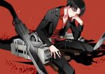  belt black_hair boots gunblade levi_(shingeki_no_kyojin) male_focus michi_(iawei) one_knee red_background shingeki_no_kyojin solo thigh_strap three-dimensional_maneuver_gear weapon 