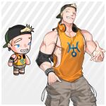  1boy absurdres backwards_hat bara bare_shoulders baseball_cap cargo_pants character_request chibi cowboy_shot ero_condo hat headphones headphones_around_neck highres kienbiu large_pectorals male_focus muscular muscular_male nipple_slip nipples official_alternate_costume orange_shirt paid_reward_available pants pectorals shirt short_hair sidepec simple_background sleeveless sleeveless_shirt solo standing 