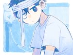  1boy 6f6d6f7269 bandaged_head bandages black_eyes black_hair closed_mouth expressionless highres hospital_gown intravenous_drip looking_at_viewer omori shirt solo spoilers sunny_(omori) white_shirt 
