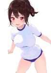  1girl :d absurdres blue_buruma blush breasts brown_hair buruma cowboy_shot gym_shirt gym_uniform hair_ornament highres large_breasts looking_at_viewer medium_hair open_mouth original pomerachi ponytail red_eyes shirt short_sleeves smile solo standing tongue white_shirt 