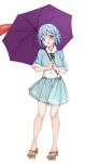  1girl :p amagi_(amagi626) bare_legs barefoot blue_capelet blue_eyes blue_hair blue_skirt breasts capelet full_body hair_between_eyes hands_up head_tilt heterochromia highres holding holding_umbrella large_breasts medium_hair red_eyes sandals shirt shirt_tucked_in skirt smile solo standing tatara_kogasa tongue tongue_out touhou umbrella white_shirt 