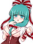  between_breasts blush bow breasts breasts_outside dress frills front_ponytail green_eyes green_hair hair_bow hair_ribbon kagiyama_hina large_breasts long_hair nipples open_mouth ribbon ry sexually_suggestive solo touhou 