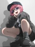  1girl :d black_footwear black_jacket coral_(pokemon) fang grey_socks highres itsudzumi jacket long_hair pink_hair pink_nails pokemon pokemon_(anime) pokemon_horizons shadow short_hair smile socks solo squatting sunglasses 