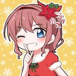  1girl bang_dream! bangs blue_eyes blush brown_hair christmas flower fur-trimmed_sleeves fur_collar fur_trim green_neckwear grin gyaheung hair_flower hair_ornament hair_ribbon hairband hand_up index_finger_raised looking_at_viewer neck_ribbon one_eye_closed outline poinsettia ponytail red_flower red_shirt ribbon shirt sidelocks smile snowflake_background solo striped striped_ribbon upper_body white_outline white_ribbon yamabuki_saaya yellow_background 