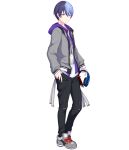 1boy aoyagi_touya black_pants blue_hair dark_blue_hair expressionless from_side full_body grey_eyes grey_footwear grey_jacket headphones highres holding holding_headphones jacket jewelry looking_at_viewer male_focus mole mole_under_eye multicolored_hair necklace non-web_source official_art pants project_sekai shirt shoes short_hair sneakers solo split-color_hair tachi-e torn_clothes torn_pants transparent_background two-tone_hair white_shirt 