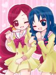  2girls blue_eyes blue_hair bow bowtie buttons clenched_hand collared_dress commentary_request cowboy_shot dress eyelashes hair_ornament hair_scrunchie hanasaki_tsubomi hand_on_own_shoulder heart heartcatch_precure! kurumi_erika light_blush locked_arms long_hair long_sleeves looking_at_viewer low_twintails multiple_girls myoudou_gakuen_middle_school_uniform one_eye_closed open_mouth outline pink_background pink_bow pink_bowtie pink_eyes pink_hair pleated_skirt precure puffy_long_sleeves puffy_sleeves sailor_collar sakurya school_uniform scrunchie short_dress simple_background skirt smile striped_background thighs twintails very_long_hair wavy_hair white_outline white_sailor_collar yellow_dress yellow_scrunchie yellow_sleeves yuri 