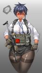  1girl absurdres assault_rifle badge black_hair black_skirt blush breasts brown_gloves daewoo_k2 flashlight forest gloves gun hair_between_eyes highres hitch_(perotoss) korean_text large_breasts laser_sight load_bearing_vest long_sleeves looking_down magazine_(weapon) mechanix_wear miniskirt nature optical_sight original pantyhose rifle sergeant_joo sharp_teeth shirt short_hair skirt slit_pupils solo speech_bubble sweat tan teeth tomboy weapon white_shirt yellow_eyes 