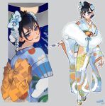  1girl blue_eyes blue_flower blue_hair blue_kimono blue_nails blush eus_ing floral_print floral_print_kimono flower folding_fan full_body fur_scarf hair_bun hair_flower hair_intakes hair_ornament hand_fan highres holding holding_fan hololive hololive_english japanese_clothes kanzashi kimono looking_at_viewer looking_back nail_polish new_year obi official_alternate_costume ouro_kronii ouro_kronii_(new_year) print_kimono sash short_hair single_hair_bun smile snake_print thighhighs virtual_youtuber white_thighhighs wide_sleeves yellow_sash 