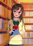  1girl absurdres blush book bow bowtie brown_hair cardigan collared_shirt glasses green_bow green_bowtie half_updo head_tilt highres holding holding_book konatsu_miki library long_hair long_sleeves looking_at_viewer open_mouth original pleated_skirt purple_eyes school_uniform shirt signature skirt smile upper_body yellow_cardigan 