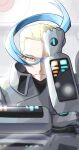  1boy blonde_hair blue-framed_eyewear blue_hair coat colress_(pokemon) ffccll glasses gloves grey_coat high_collar highres looking_at_viewer male_focus multicolored_hair pokemon pokemon_sm semi-rimless_eyewear solo trench_coat two-tone_hair upper_body yellow_eyes 