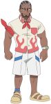  1boy arm_ribbon beard biceps black_eyes breast_pocket bright_pupils brown_hair buttons closed_mouth collared_shirt dark-skinned_male dark_skin facial_hair frown full_body looking_to_the_side male_focus murdock_(pokemon) official_art pocket pokemon pokemon_(anime) pokemon_horizons red_ribbon ribbon shirt shoes short_hair short_sleeves shorts solo standing transparent_background watch white_pupils white_shorts wristwatch yellow_footwear 