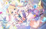  1girl :d ankle_socks aqua_ascot ascot black_footwear blonde_hair blue_eyes blue_hair book breasts chandelier double_v dream_believers_(love_live!) dress eraser fang feet_up floating floating_hair flower frilled_dress frills full_body game_cg gradient_hair hair_flower hair_ornament highres link!_like!_love_live! long_hair looking_at_viewer love_live! mary_janes multicolored_hair official_art open_mouth osawa_rurino parted_bangs petals pink_dress shoes short_sleeves sidelocks small_breasts smile socks solo third-party_source twintails two-tone_hair v white_flower white_socks 