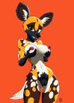 african_wild_dog anthro areola big_areola big_breasts breast_play breasts canid canine claws digital_drawing_(artwork) digital_media_(artwork) fangs female fur fur_markings genitals hand_on_breast hi_res highlights_(coloring) holding_breast inner_ear_fluff looking_at_viewer mammal markings mottled navel nipples nude orange_eyes pussy red_background shaded simple_background small_waist smile smiling_at_viewer solo standing tail teeth thick_thighs touching_nipples tuft vike_mike