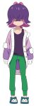  1girl arms_at_sides buttons cardigan closed_mouth collarbone colored_inner_hair dot_(pokemon) facing_viewer full_body green_pants hair_over_eyes medium_hair multicolored_hair official_art open_cardigan open_clothes pants pokemon pokemon_(anime) pokemon_horizons purple_cardigan purple_hair purple_shirt shirt sleeveless sleeveless_shirt sleeves_past_fingers sleeves_past_wrists slippers solo standing tank_top transparent_background 