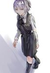  absurdres black_socks chainsaw_man dress earrings fami_(chainsaw_man) highres jewelry loafers looking_at_viewer medium_hair pinafore_dress purple_hair red_eyes shoes sleeveless sleeveless_dress socks tassel tassel_earrings user_tfcp4878 walking white_background 