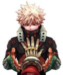  2boys absurdres artist_name bags_under_eyes bakugou_katsuki blonde_hair boku_no_hero_academia commentary gloves green_gloves grey_gloves hair_between_eyes halftone hand_on_another&#039;s_chest hand_up hands_up high_collar highres looking_at_hand looking_down male_focus midoriya_izuku multiple_boys narrowed_eyes orange_gloves out_of_frame outstretched_arm outstretched_hand pov reaching_towards_another red_eyes short_hair simple_background single_horizontal_stripe solo_focus spiked_hair straight-on symbol-only_commentary toned toned_male two-tone_gloves upper_body white_background wrist_guards x yenny_(yennyinc) 