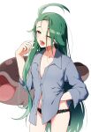  1girl ahoge breasts bright_pupils clodsire collared_shirt green_hair highres long_hair panties pokemon pokemon_sv ponytail red_eyes rika_(pokemon) shirt simple_background small_breasts solo t_akiko underwear white_background white_pupils yawning 