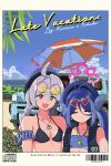  1990s_(style) 2girls absurdres ahoge antenna_hair bikini black_bikini blue_archive blue_bikini blue_eyes blue_hair blue_halo blue_hat braid breasts car closed_eyes closed_mouth collarbone dated day fubuki_(blue_archive) grey_hair hair_between_eyes halo hat highres hrna kirino_(blue_archive) long_hair motor_vehicle multicolored_hair multiple_girls open_mouth outdoors pink_halo police_hat retro_artstyle small_breasts smile swimsuit twin_braids twintails upper_body 