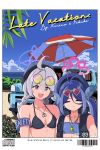  1990s_(style) 2girls absurdres ahoge antenna_hair bikini black_bikini blue_archive blue_bikini blue_eyes blue_hair blue_halo blue_hat braid breasts car closed_eyes closed_mouth collarbone dated day fubuki_(blue_archive) grey_hair hair_between_eyes halo hat highres hrna kirino_(blue_archive) long_hair motor_vehicle multicolored_hair multiple_girls open_mouth outdoors pink_halo police_hat retro_artstyle small_breasts smile swimsuit twin_braids twintails upper_body 