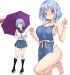  alternate_costume amagi_(amagi626) apron blue_apron blue_eyes blue_hair blue_neckerchief blue_skirt blush breasts cleavage curious embarrassed full_body groin hair_between_eyes hands_up heart-shaped_ornament heterochromia highres holding holding_umbrella kneehighs large_breasts medium_hair midriff_peek miniskirt multiple_views naked_apron neckerchief open_mouth parted_lips pleated_skirt red_eyes sailor_collar sandals school_uniform serafuku short_hair skirt socks standing standing_on_one_leg staring tatara_kogasa thighs touhou umbrella 