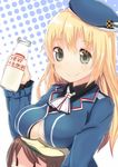  atago_(kantai_collection) atago_milk beret blonde_hair blue_eyes blue_hat bottle breast_rest breasts breasts_on_head brown_hair error_musume green_eyes hat kantai_collection long_hair looking_at_viewer medium_breasts milk milk_bottle moutama multiple_girls open_clothes open_shirt shirt smile translated 