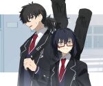  1boy 1other ahoge black_hair black_jacket blue_eyes brown_eyes fate/grand_order fate/samurai_remnant fate_(series) glasses highres jacket low_ponytail miyamoto_iori_(fate) necktie ninjin_(ne_f_g_o) red_necktie school_uniform smile weapon_bag yamato_takeru_(fate) 