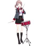  1girl black_bow black_bowtie black_skirt black_socks blue_eyes boots bow bowtie brown_footwear brown_hair cross-laced_footwear drum drumsticks full_body grey_jacket hair_ribbon high_heel_boots high_heels highres holding holding_drumsticks instrument jacket looking_at_viewer mochizuki_honami multicolored_bowtie non-web_source official_art project_sekai red_bow red_bowtie ribbon shirt side_ponytail skirt smile socks solo striped_bow striped_bowtie striped_clothes tachi-e transparent_background white_shirt 