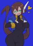  1girl absurdres aile_(mega_man_zx) black_bodysuit blue_background blue_jacket blush bodysuit bodysuit_under_clothes breasts brown_hair buzzlyears covered_collarbone covered_navel cropped_jacket fang glowing green_eyes highres jacket large_breasts long_hair looking_at_viewer mega_man_(series) mega_man_zx mega_man_zx_advent no_pants open_clothes open_jacket ponytail robot_ears simple_background smile solo 