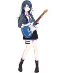  1girl black_hair black_skirt boots brown_footwear full_body grey_eyes grey_jacket guitar highres holding holding_guitar holding_instrument hoshino_ichika_(project_sekai) instrument jacket leg_belt looking_at_viewer necktie non-web_source official_art project_sekai red_necktie shirt skirt smile solo striped_necktie tachi-e transparent_background white_shirt 