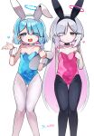  2girls absurdres animal_ears arona_(blue_archive) artist_name black_choker black_pantyhose blue_archive blue_eyes blue_hair blue_halo blue_leotard braid breasts choker closed_mouth colored_inner_hair fake_animal_ears grey_eyes grey_hair halo heart highres holding holding_tray je_o_mo leotard long_hair looking_at_viewer multicolored_hair multiple_girls open_mouth pantyhose pink_hair plana_(blue_archive) rabbit_ears red_halo red_leotard short_hair signature simple_background single_braid small_breasts smile tray white_background white_choker white_pantyhose wrist_cuffs 