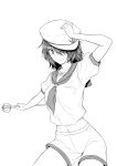  1girl closed_mouth commentary greyscale hand_on_headwear hat highres hishaku kakone looking_at_viewer monochrome murasa_minamitsu navel neckerchief sailor_hat shirt short_hair shorts simple_background smile solo touhou 