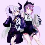  2girls ahoge blush braid demon_girl demon_horns e-wing_(ewingillustrate) ear_piercing fake_horns grey_hair hair_between_eyes highres hololive horned_headwear horns la+_darknesss leg_tattoo long_hair long_sleeves multicolored_hair multiple_girls piercing pointy_ears purple_hair sleeves_past_fingers sleeves_past_wrists smile streaked_hair striped_horns tattoo tokoyami_towa tokoyami_towa_(jirai_kei) very_long_hair virtual_youtuber yellow_eyes 