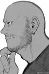  1boy bald bara beard_stubble earrings facial_hair from_side greyscale hand_on_own_chin highres jewelry looking_ahead male_focus mature_male monochrome mustache_stubble no_eyebrows original powerlesssong profile solo stroking_own_chin stubble tsurime tusks 