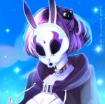  1girl abracsis_ra animal_ears blue_sky breasts buckle choker cleavage colored_skin heart heart-shaped_buckle highres mask neon_violet neon_white purple_eyes purple_hair rabbit_ears rabbit_mask short_hair sky white_skin 