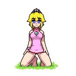  1girl animated animated_gif bare_legs bare_shoulders blonde_hair blue_eyes blush bouncing_breasts breasts brooch crown dress earrings grin james_cabello jewelry kneeling looking_at_viewer looping_animation lowres navel pink_dress pink_wristband princess_peach smile 