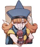  1girl 2boys alena_(dq4) blue_hat border brey claw_(weapon) clift commentary_request dragon_quest dragon_quest_iv gloves grin hat highres iwamoto_tatsurou multiple_boys orange_background orange_eyes orange_hair outside_border red_gloves simple_background smile solo teeth weapon white_border witch_hat 