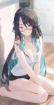  1girl absurdres blue_eyes blue_hair blush breasts cleavage genshin_impact glasses green_eyes highres legs light_smile rang_go smile solo xianyun_(genshin_impact) 