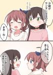  2girls :o ^_^ bang_dream! bangs black_choker black_hair blue_eyes blue_ribbon blush brown_hair choker closed_eyes comic eyes_closed green_eyes gyaheung hair_ribbon hanazono_tae long_hair long_sleeves multiple_girls open_mouth pink_shirt ponytail ribbon scratching_cheek shirt sidelocks smile translation_request white_shirt yamabuki_saaya 