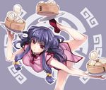  balancing bamboo_steamer baozi china_dress chinese_clothes double_bun dress food long_hair looking_at_viewer matsuryuu purple_eyes purple_hair ranma_1/2 shampoo_(ranma_1/2) solo standing standing_on_one_leg tray 