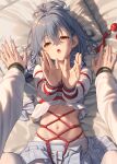  2girls arms_up ball_gag bdsm bed_sheet bound bound_wrists crop_top crop_top_overhang gag grey_hair hair_between_eyes haneru haori_haruki highres himino_seika himitsu_no_jugyou long_hair long_sleeves looking_at_viewer lying midriff miniskirt multiple_girls navel on_back on_bed open_clothes open_mouth open_skirt orange_eyes pantyhose pillow pleated_skirt pov pov_hands red_rope rope sailor_collar school_uniform serafuku shibari shirt skindentation skirt solo_focus stomach white_pantyhose white_sailor_collar white_shirt white_skirt 